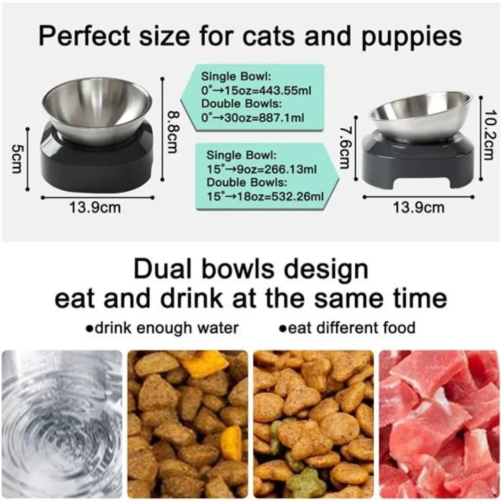 Raised Cat Bowl with Stainless Steel, Non-Slip Silicone Mat & Raised Cat Feeder